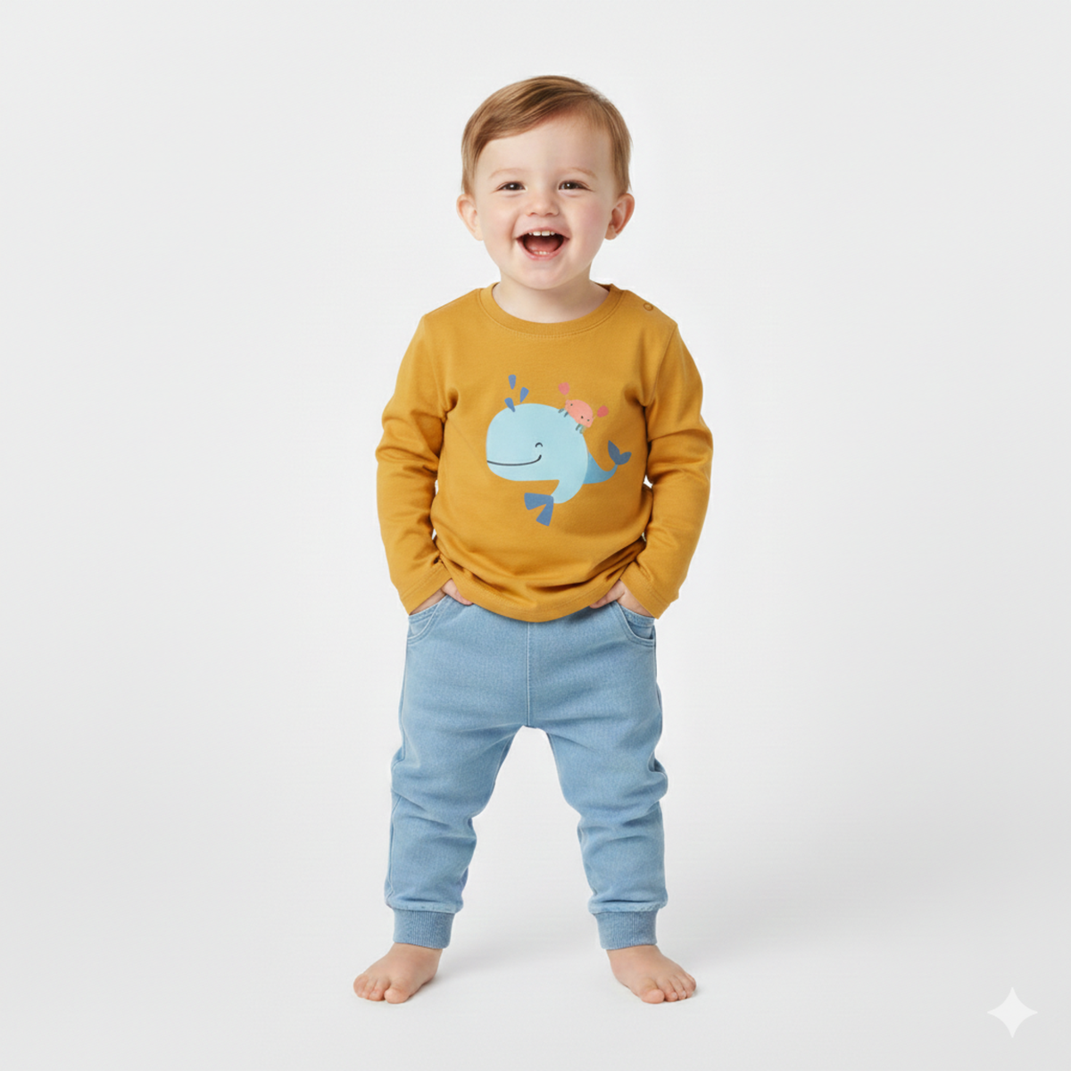 Conjunto de Bebé em Algodão Amarelo com Baleia