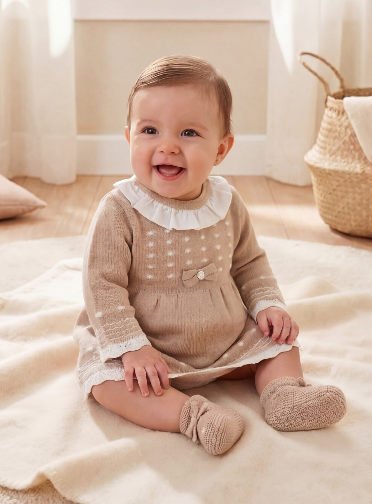 Vestido de Malha Trabalhada com Gola de Folho Bege
