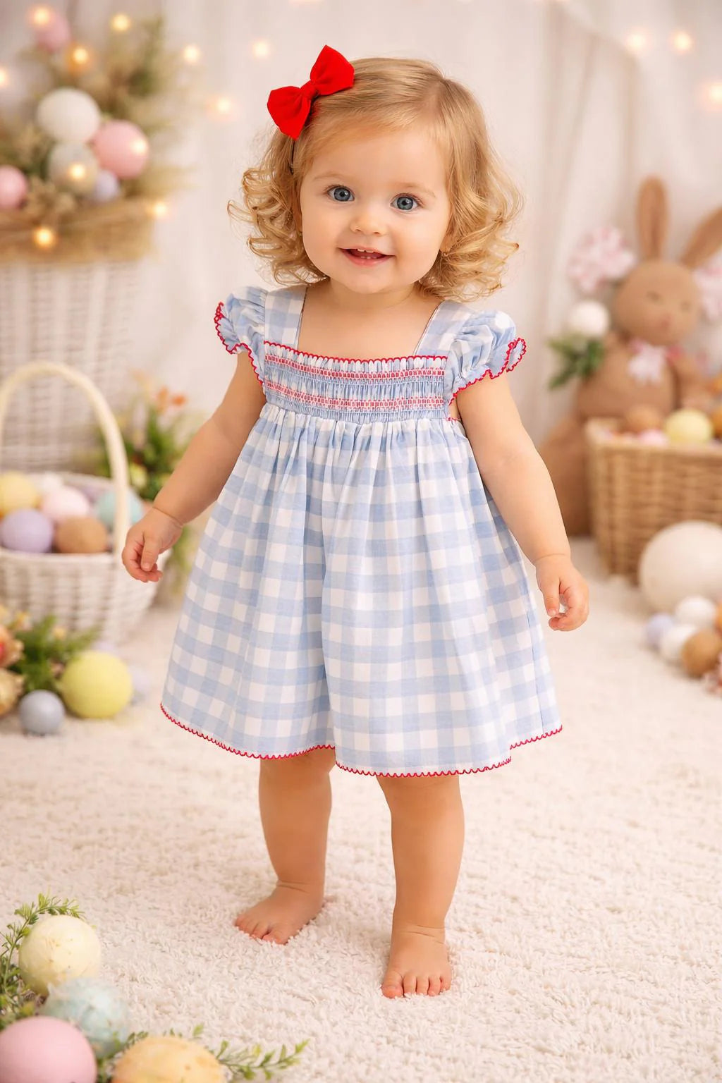 Vestido com Tapa Fraldas em Algodão Vichy Azul e Branco
