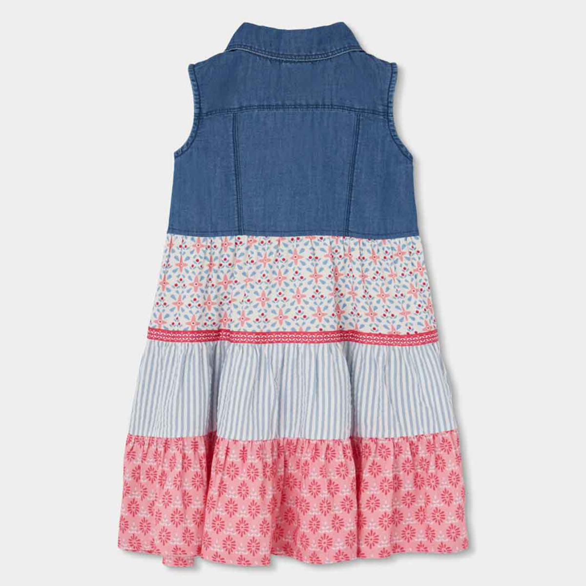 Vestido Combinado em Ganga e Saia de Folhos