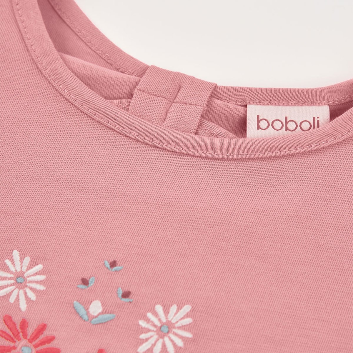 T-shirt com Bordado Floral e Folhos Rosa