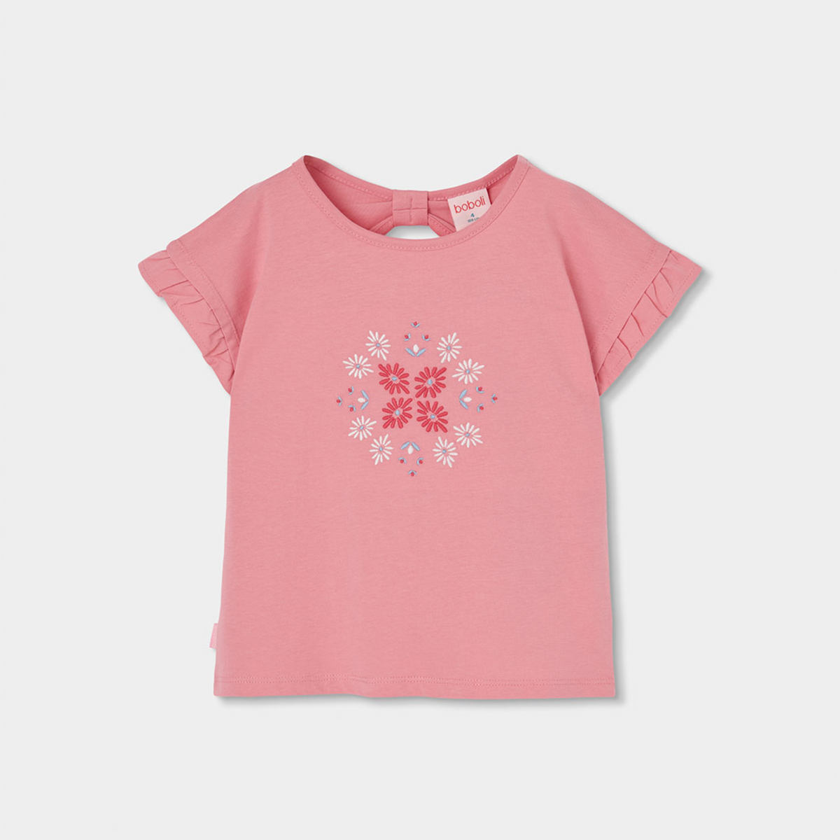 T-shirt com Bordado Floral e Folhos Rosa