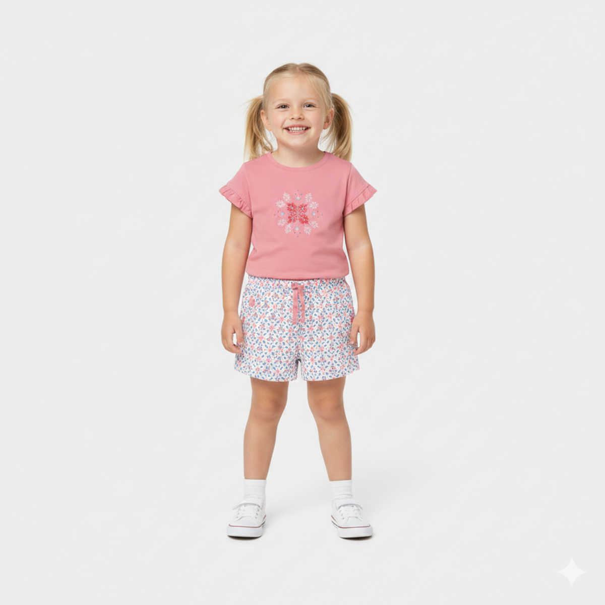 T-shirt com Bordado Floral e Folhos Rosa