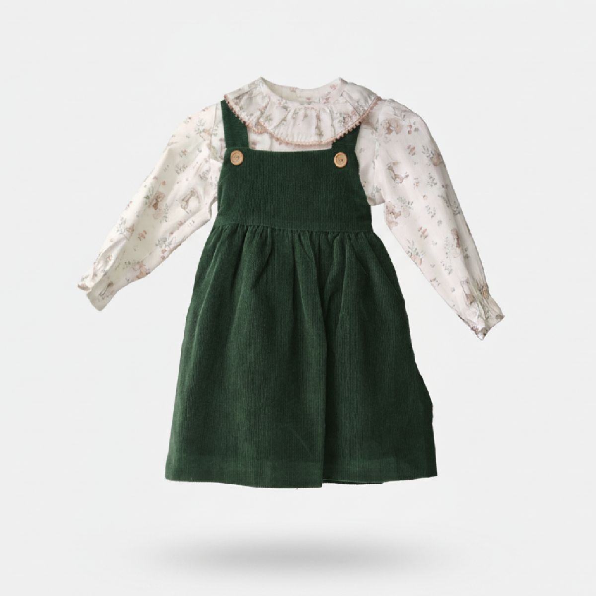 Vestido em Bombazine Verde e Blusa Floral