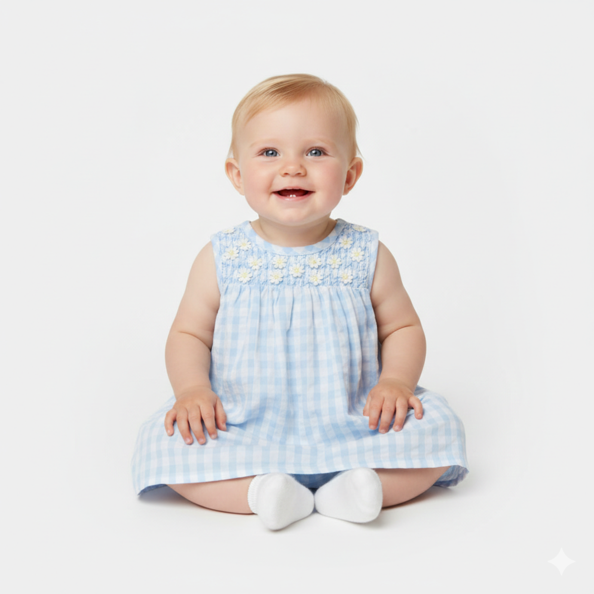 Vestido Vichy Azul com Flores e Tapa-fraldas