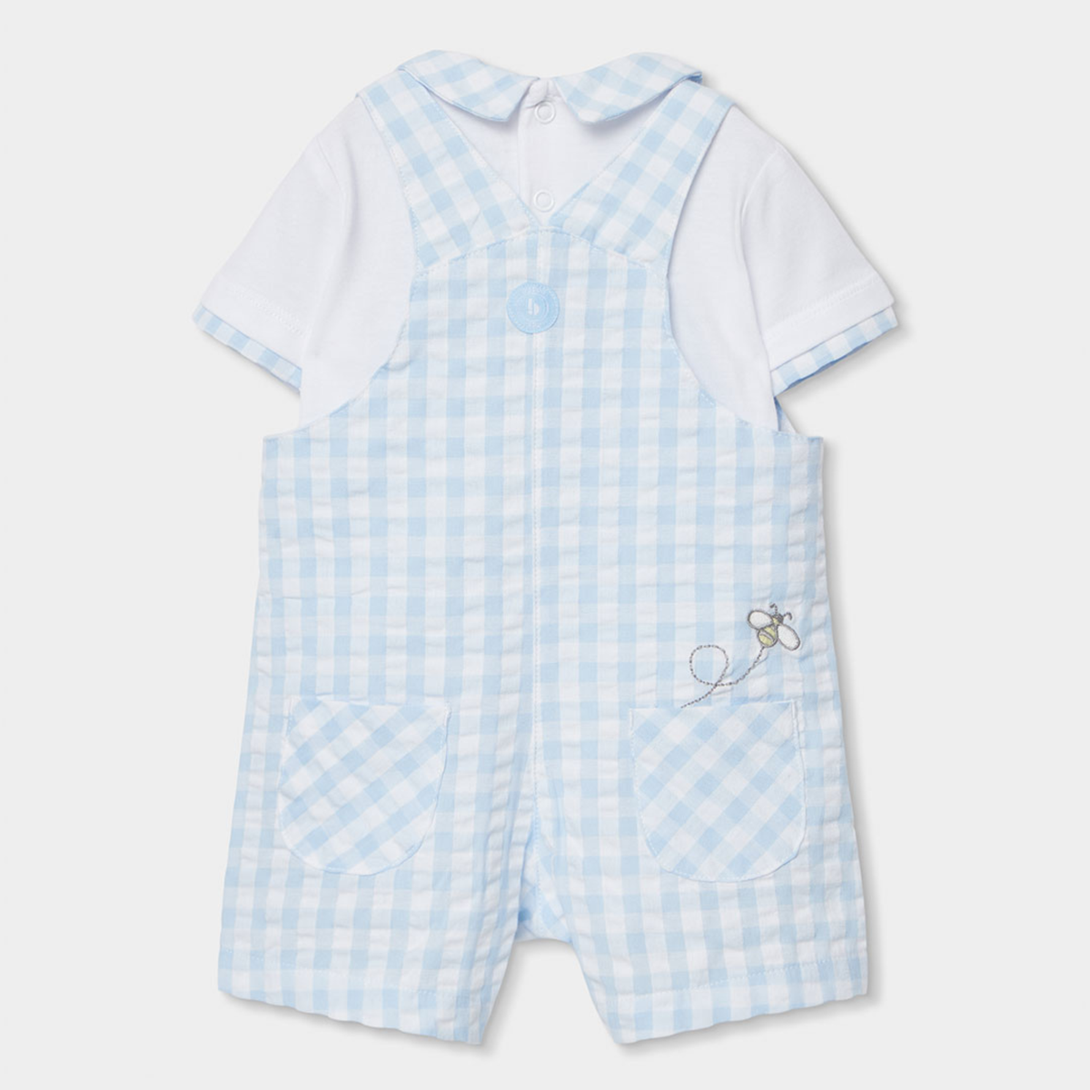 Conjunto de Jardineiras Vichy Azul e Branco e Body