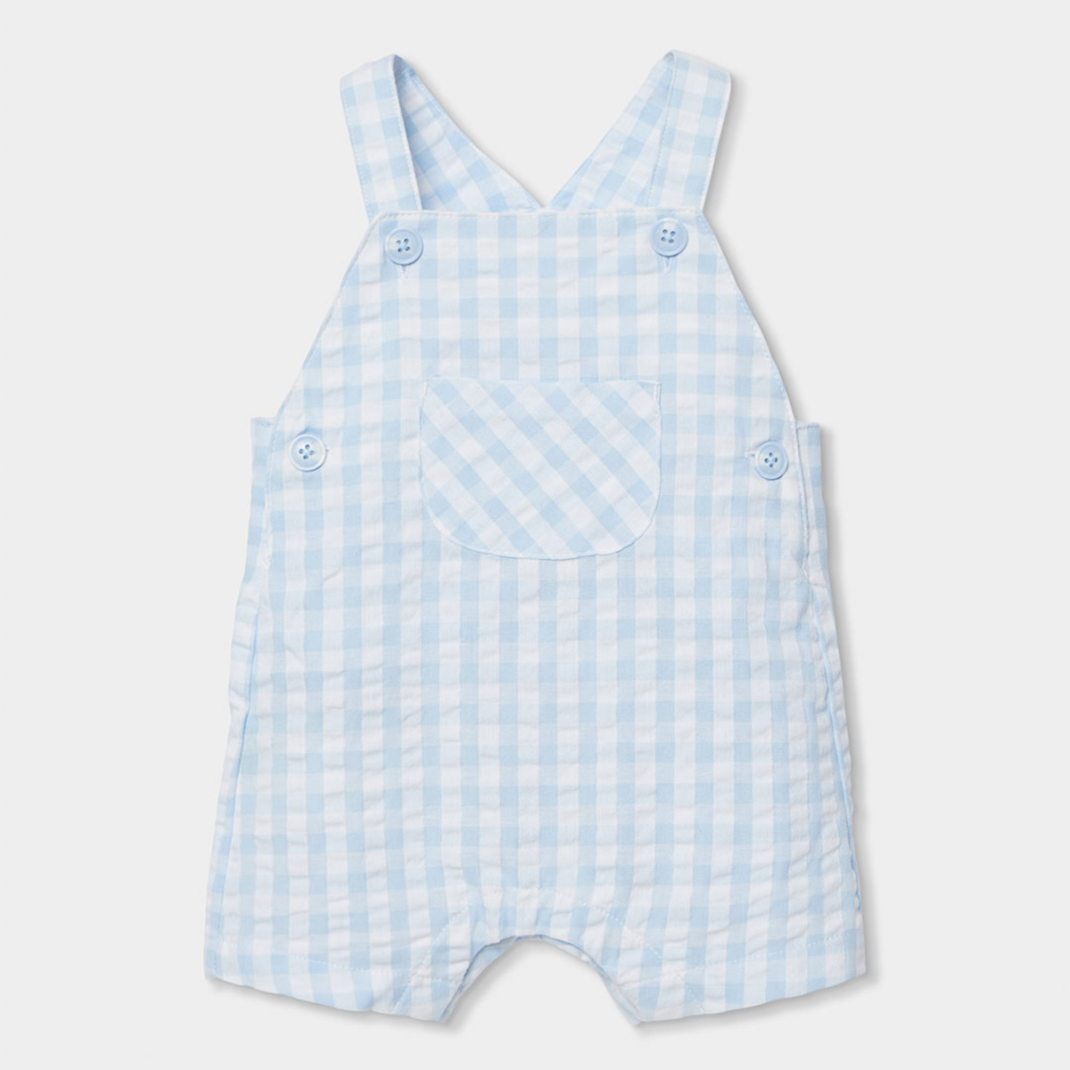 Conjunto de Jardineiras Vichy Azul e Branco e Body