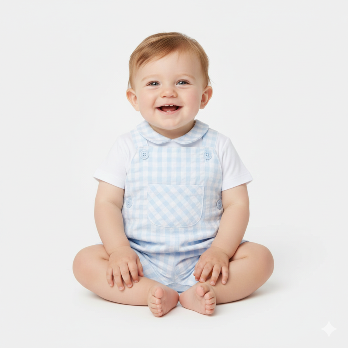 Conjunto de Jardineiras Vichy Azul e Branco e Body