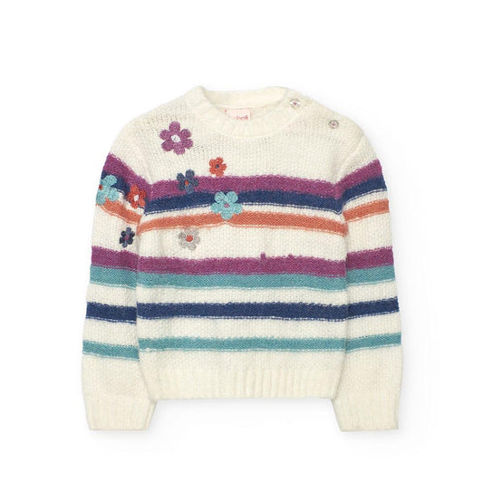 Camisola de malha de menina branca com flores | BOBOLI