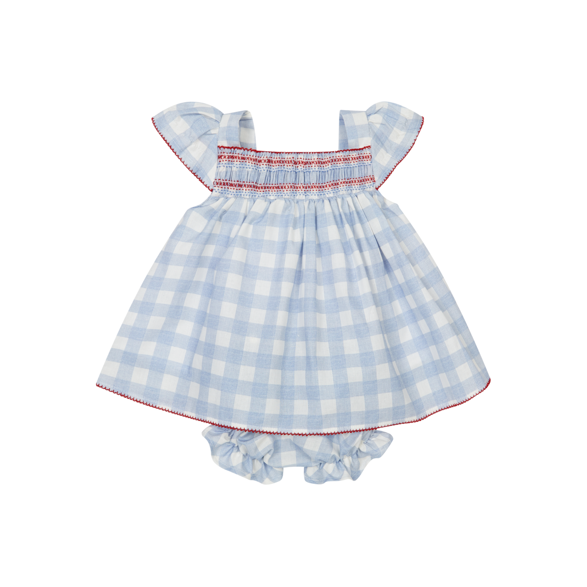 Vestido com Tapa Fraldas em Algodão Vichy Azul e Branco