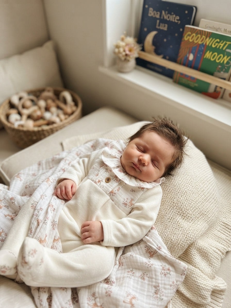 Babygrow de Veludo com Gola de Folho e Padrão Veados