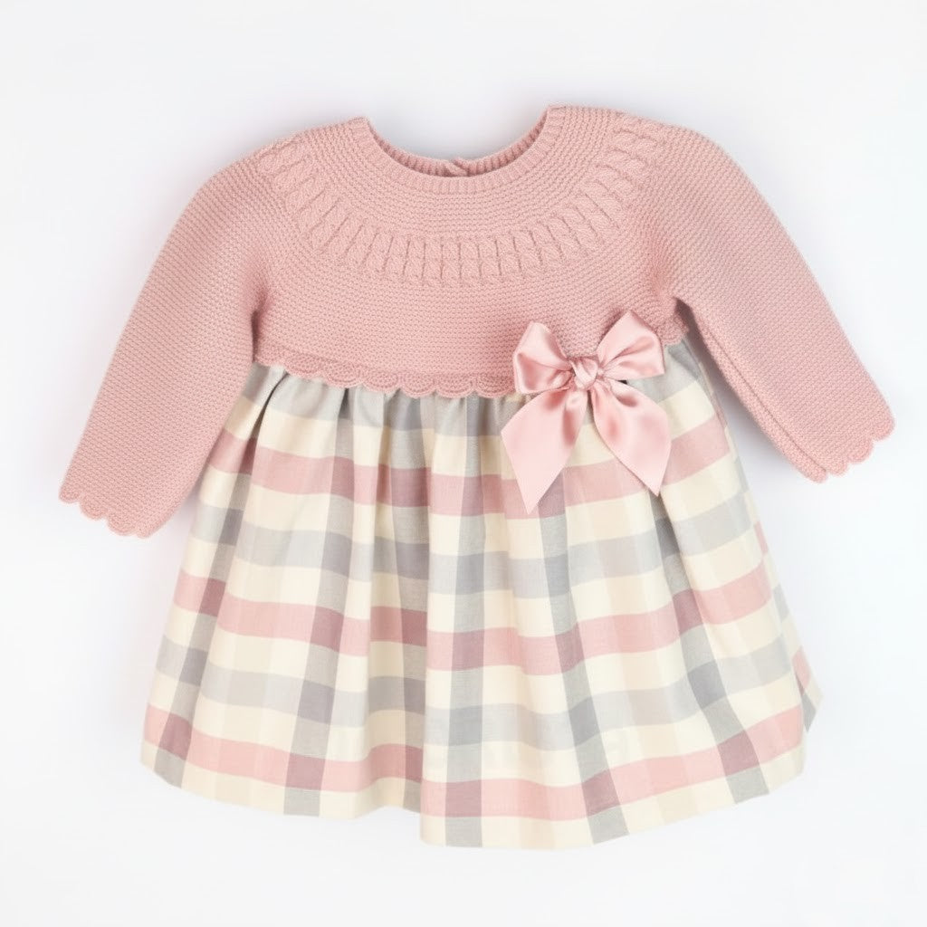 Vestido em Malha e Padrão de Quadrados com Laço – Rosa