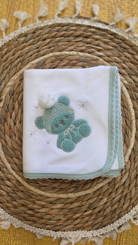 Fralda de Algodão Ursinho com Gorro - Verde-Água