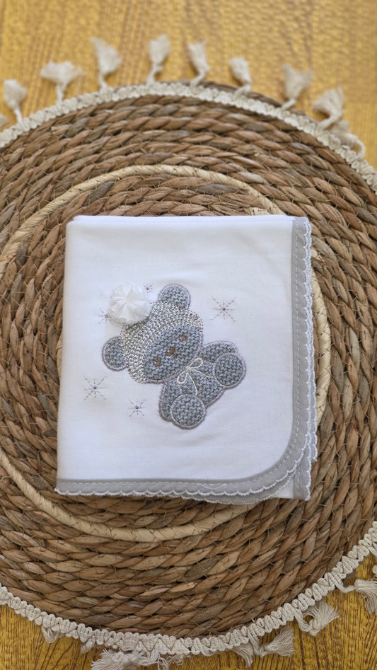 Fralda de Algodão Ursinho com Gorro - Verde-Água
