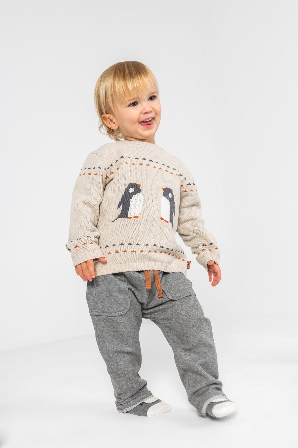 Conjunto de Malha Bege Com Pinguins