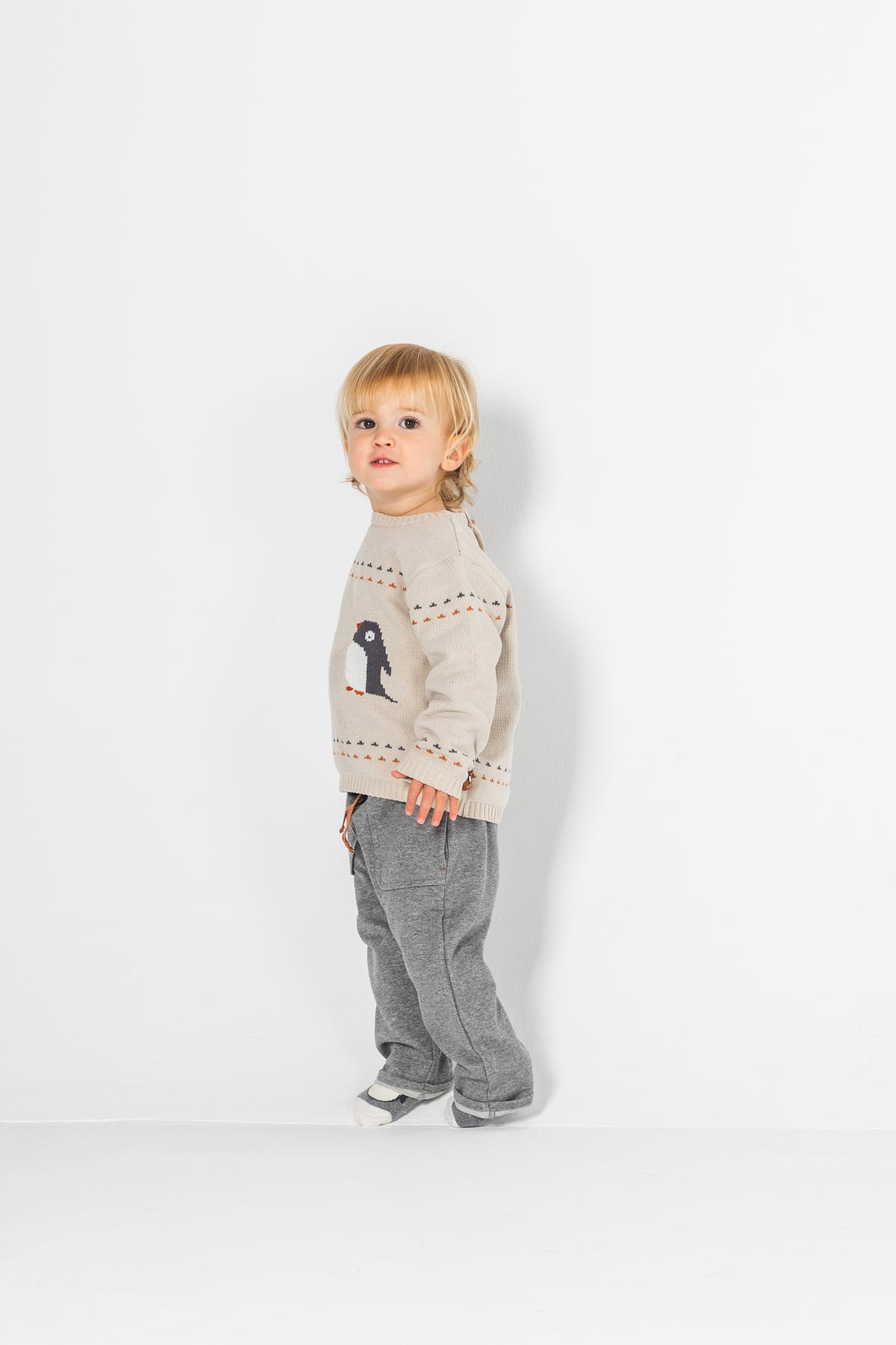 Conjunto de Malha Bege Com Pinguins