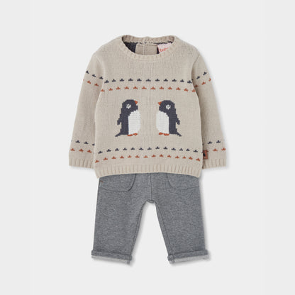 Conjunto de Malha Bege Com Pinguins