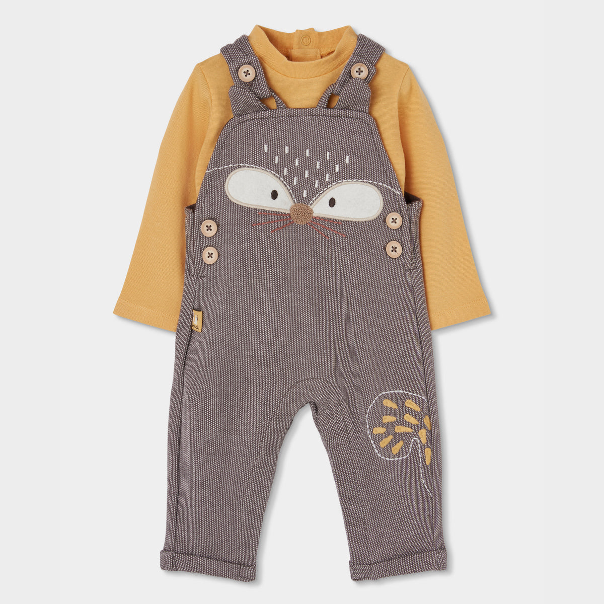 Conjunto Jardineiras Raposa com Body Amarelo Mostarda