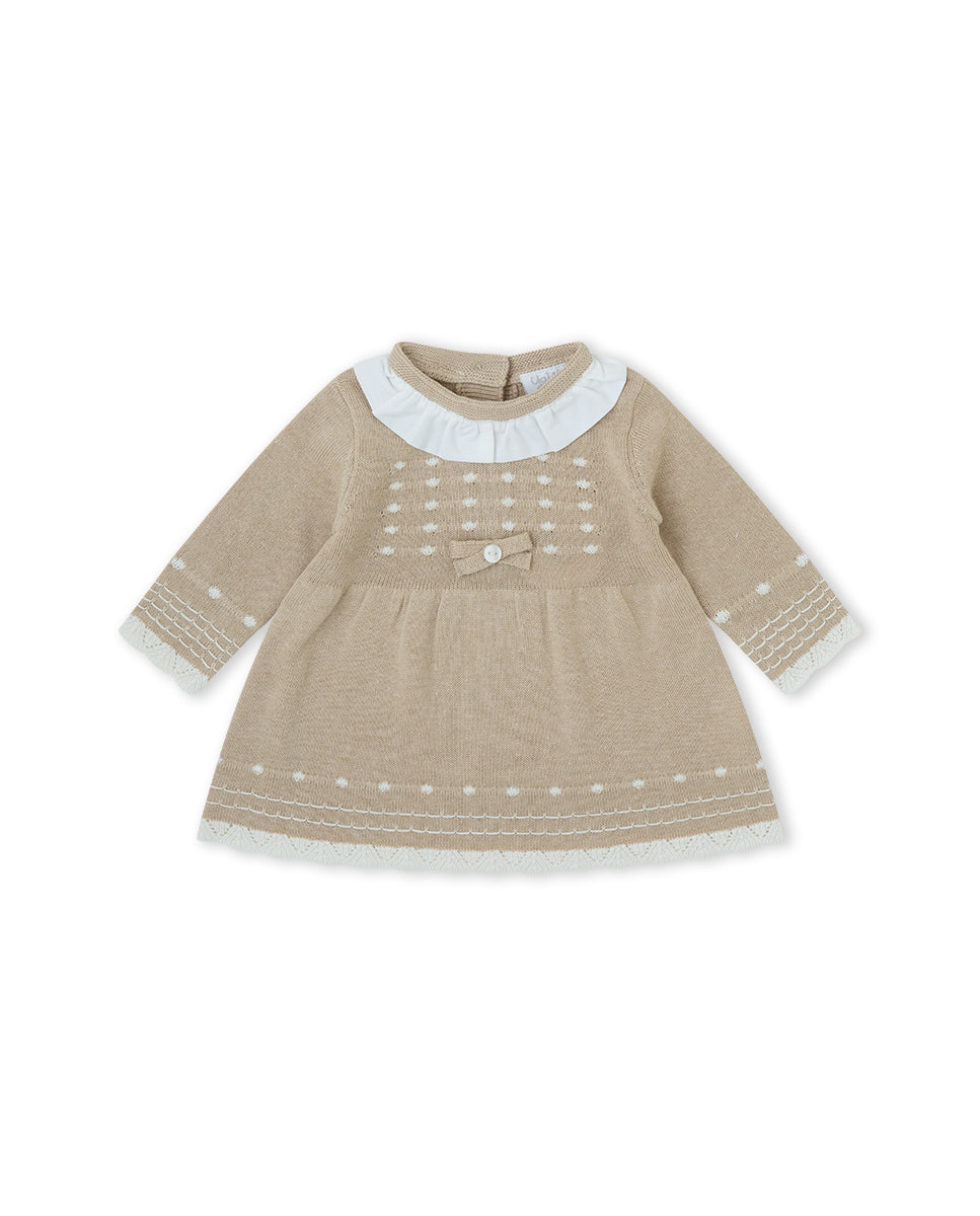 Vestido de Malha Trabalhada com Gola de Folho Bege