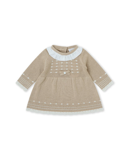 Vestido de Malha Trabalhada com Gola de Folho Bege