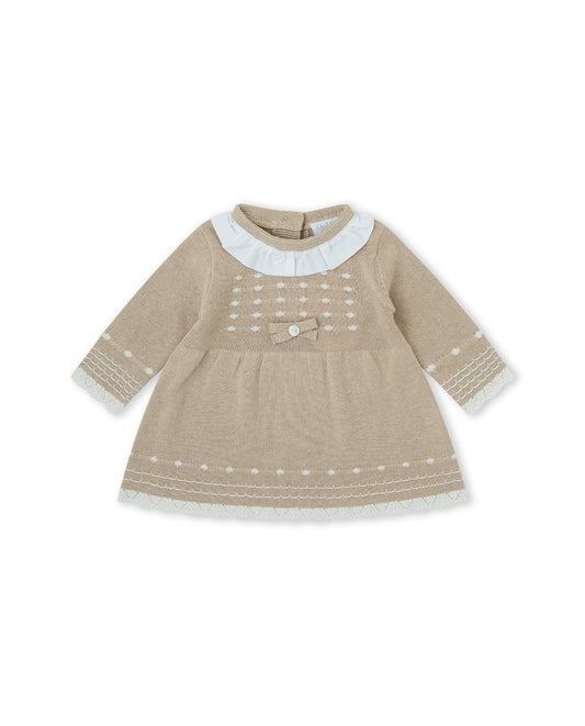 Vestido de Malha Trabalhada com Gola de Folho Bege