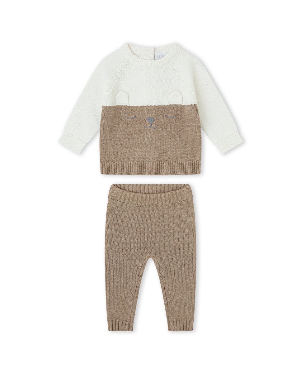 Conjunto de Malha Tricotada com Ursinho Castanho