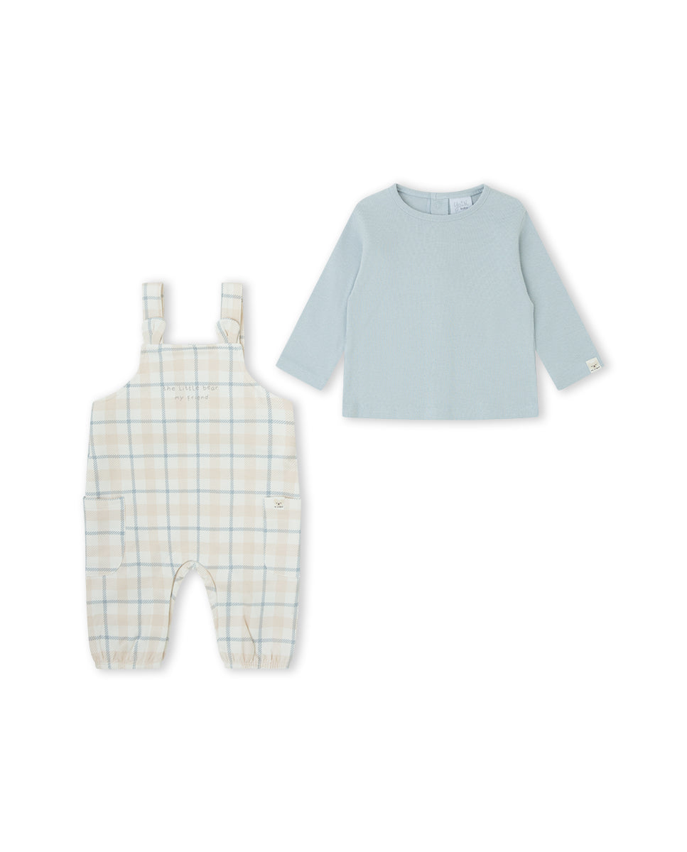 Conjunto Jardineira Xadrez Bege e Camisola Azul