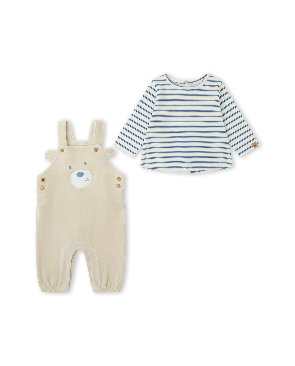 Conjunto Jardineira Urso e Camisola Riscas