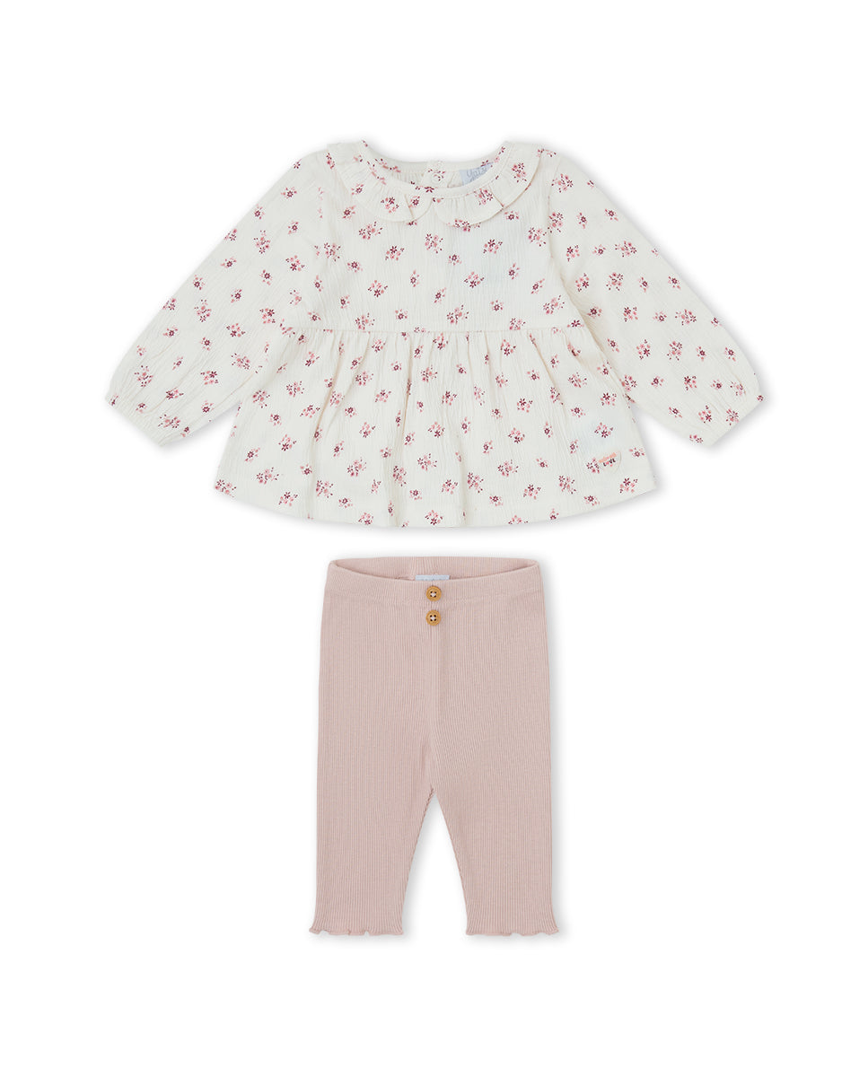 Conjunto de Túnica de Algodão Floral e Leggings Caneladas