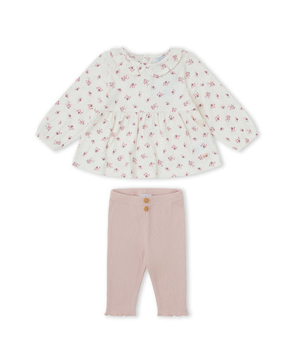 Conjunto de Túnica de Algodão Floral e Leggings Caneladas