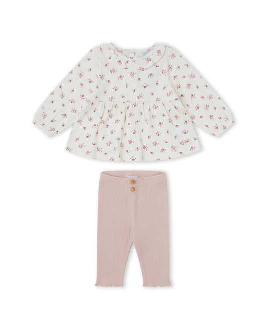 Conjunto de Túnica de Algodão Floral e Leggings Caneladas