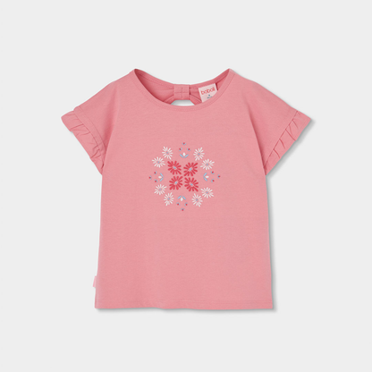 T-shirt com Bordado Floral e Folhos Rosa