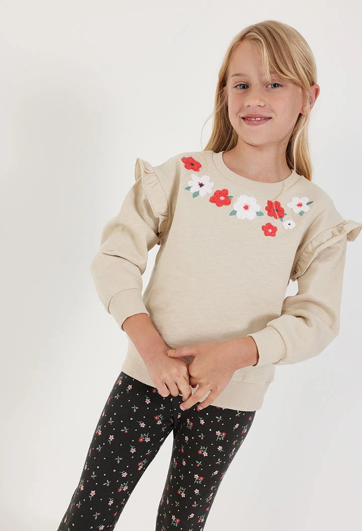 Sweatshirt em Felpa Bege com Bordado de Flores
