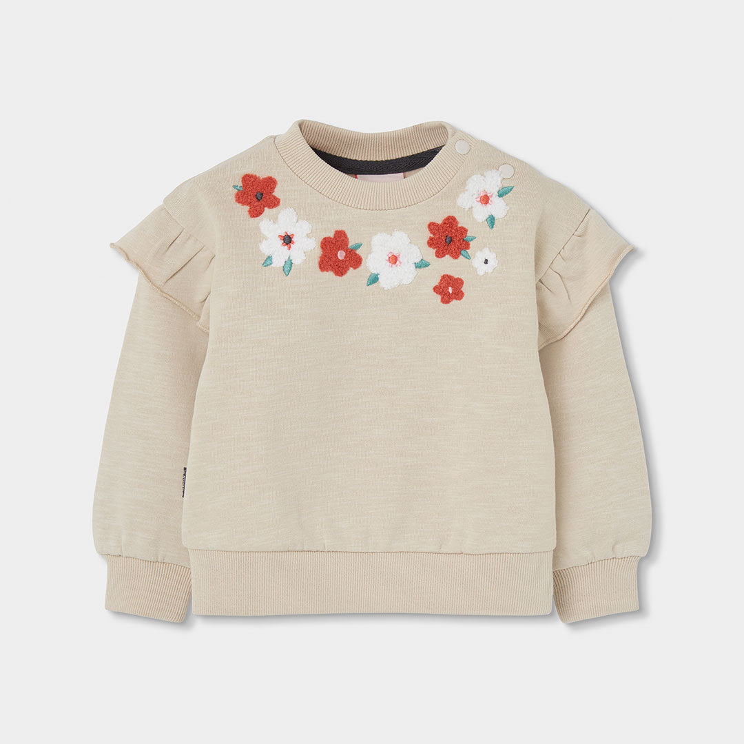 Sweatshirt em Felpa Bege com Bordado de Flores