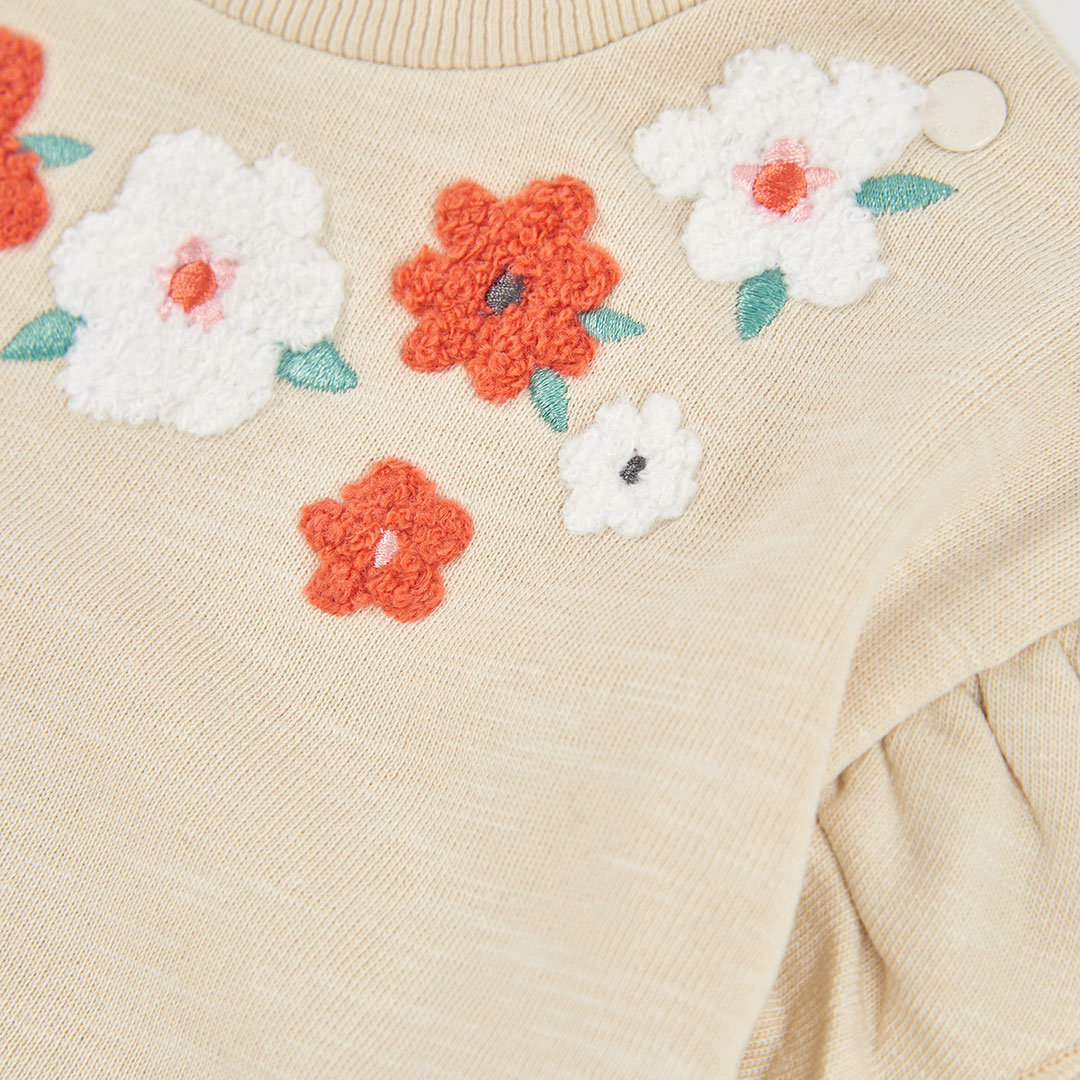 Sweatshirt em Felpa Bege com Bordado de Flores