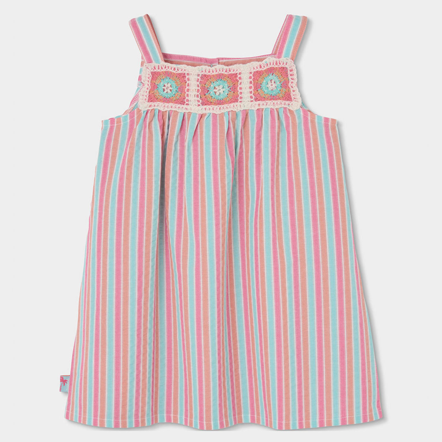 Vestido às Riscas com Detalhe em Croché