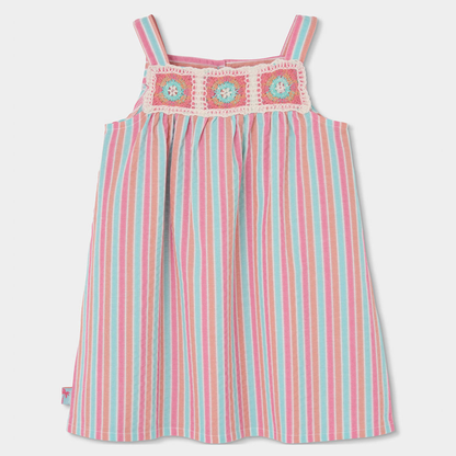 Vestido às Riscas com Detalhe em Croché
