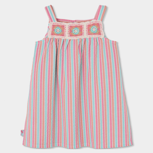 Vestido às Riscas com Detalhe em Croché
