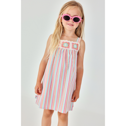 Vestido às Riscas com Detalhe em Croché