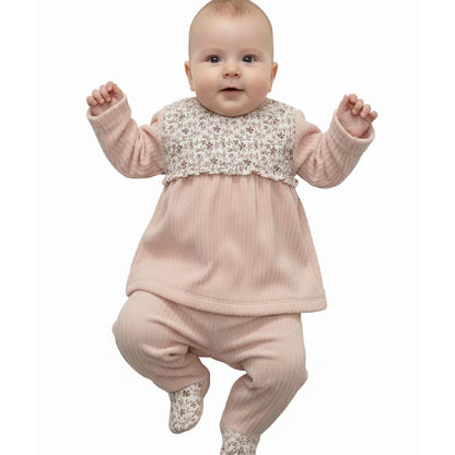 Conjunto Camisola e Calças Rosa Velho Canelado Florido