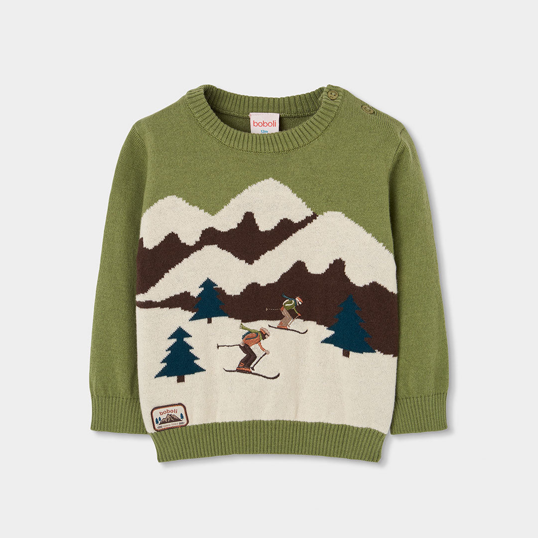 Camisola de Malha Verde Com Estampado Esquiadores