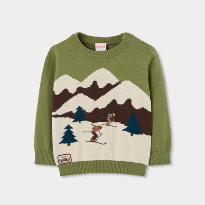 Camisola de Malha Verde Com Estampado Esquiadores