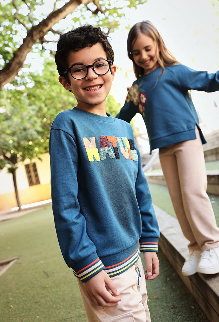 Sweatshirt de Felpa Verde Azulado "Nature" em Relevo