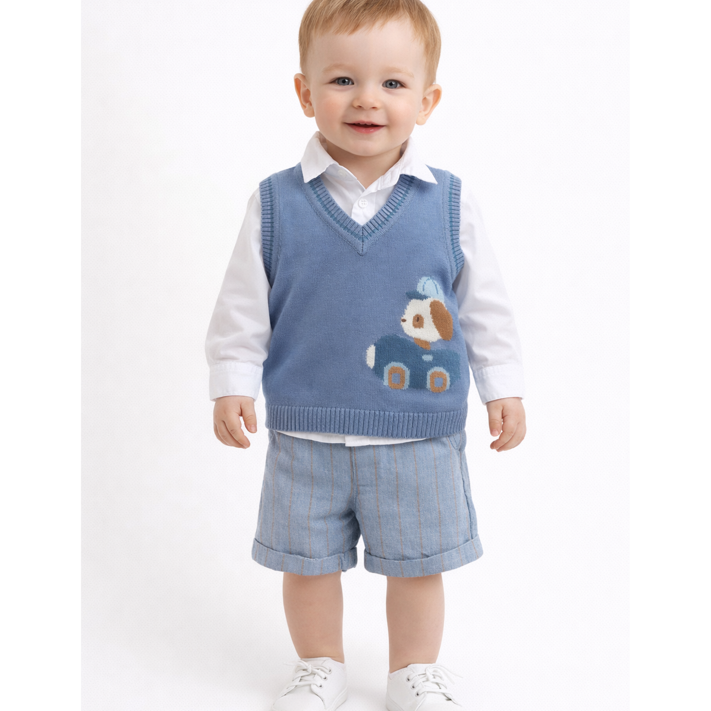 Colete de Malha Branco/ Azul com Bordado de Carrinho