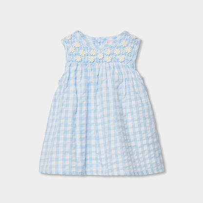 Vestido Vichy Azul com Flores e Tapa-fraldas