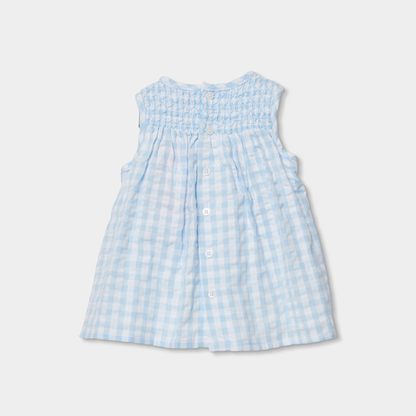 Vestido Vichy Azul com Flores e Tapa-fraldas
