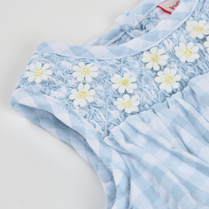 Vestido Vichy Azul com Flores e Tapa-fraldas