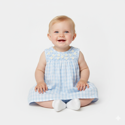 Vestido Vichy Azul com Flores e Tapa-fraldas