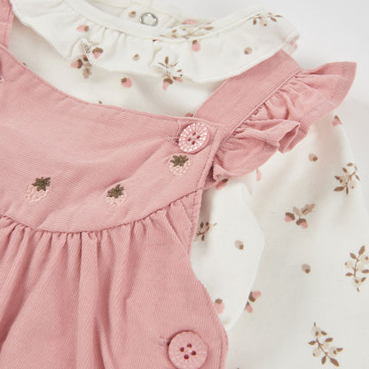 Conjunto Jardineiras e Body Floral com Folhos