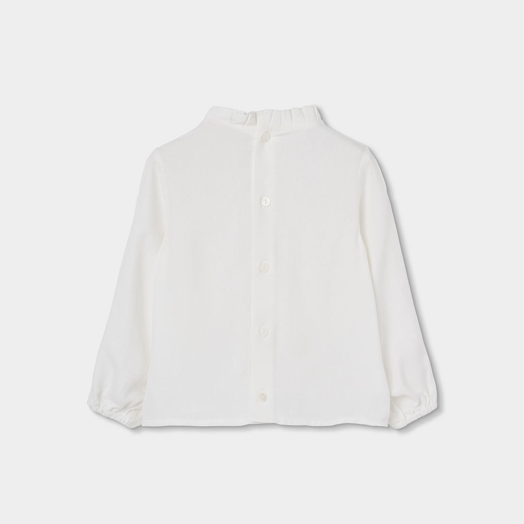Blusa branca com renda e gola franzida